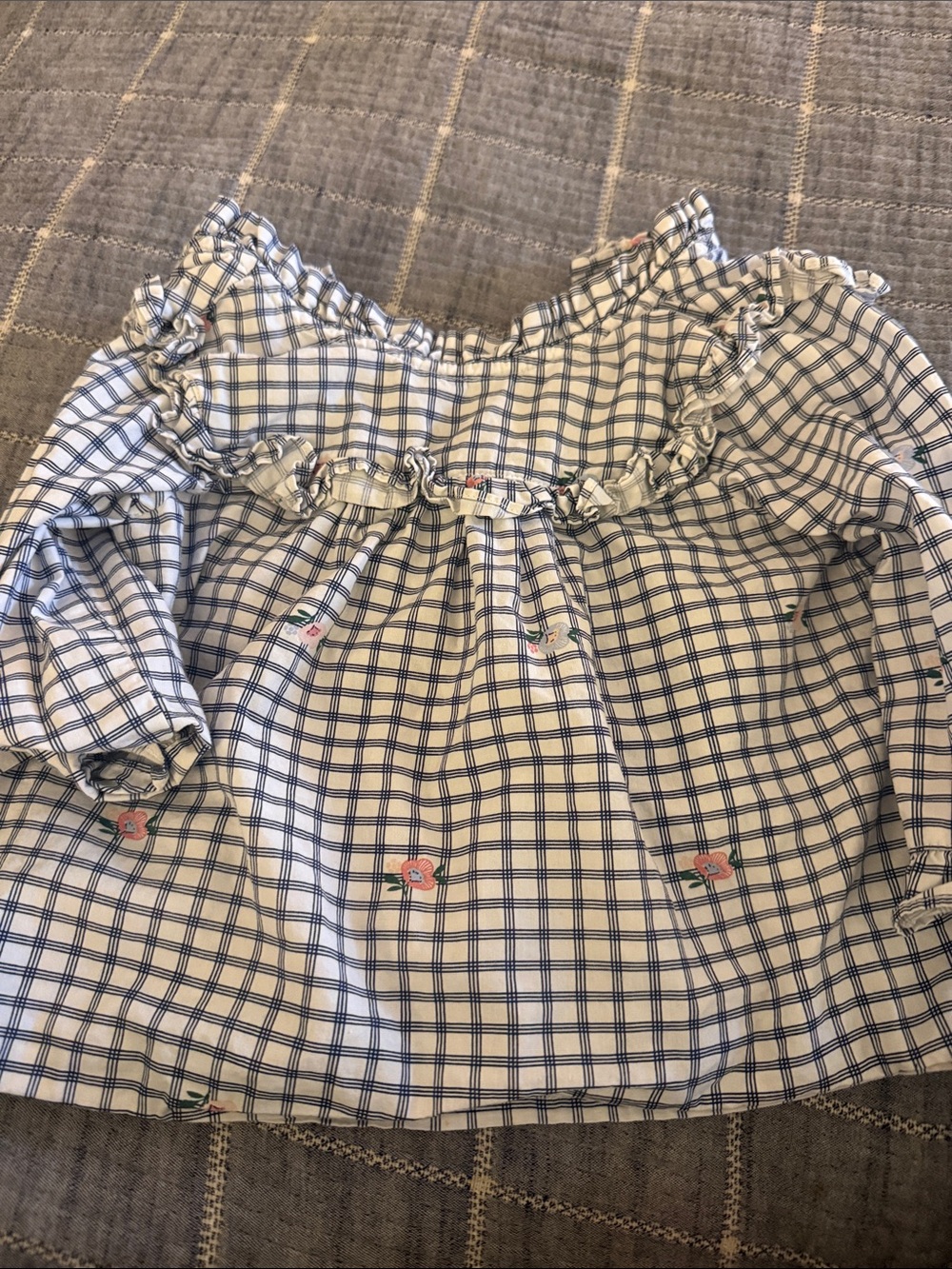 Janie and Jack Blue and White Plaid Top with Pink Floral Accents